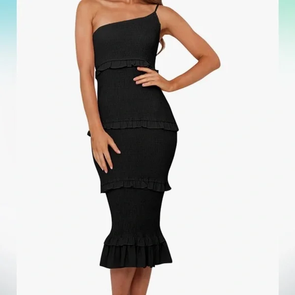 PrettyLittleThing | Dresses | One Shoulder Strappy Tiered Ruffle Midi  Bodycon Dress | Poshmark